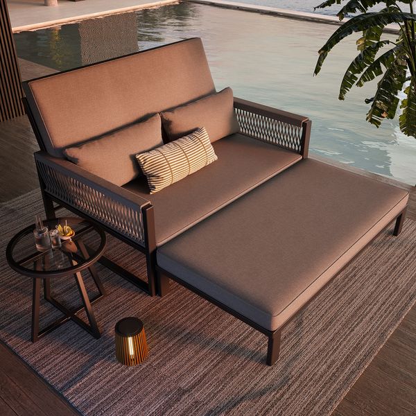 Merax Gartenliege, Garten Sonnenliege, mit geflochtenen Armlehnen aus Eisen, Wetterfestes Outdoor-Sofa, Inkl. Glas-Couchtisch, mit Polstern, Grau