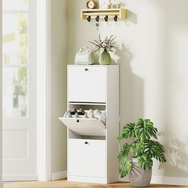 HOMCOM Schuhschrank Schuhregal mit Verstellbar Trennwand, 3 Klappen (Schuhkommode, 1-St, Schmal Schuhkipper) für 12 Paar Schuhe 47 x 26 x 120 cm, Weiß