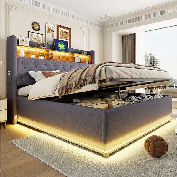Flieks Polsterbett, LED Doppelbett 180x200 cm mit USB-Ladefunktion & hydraulischem Stauraum