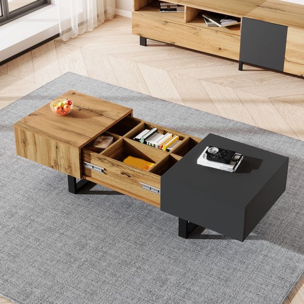 Multifunktionaler moderner verschiebbarer Couchtisch mit versteckter Aufbewahrung, hochwertiger Holz- und Metallhalterung, geeignet für Wohn- und Bürobereich, einfach zu installieren, 155 x 55 x 40 cm