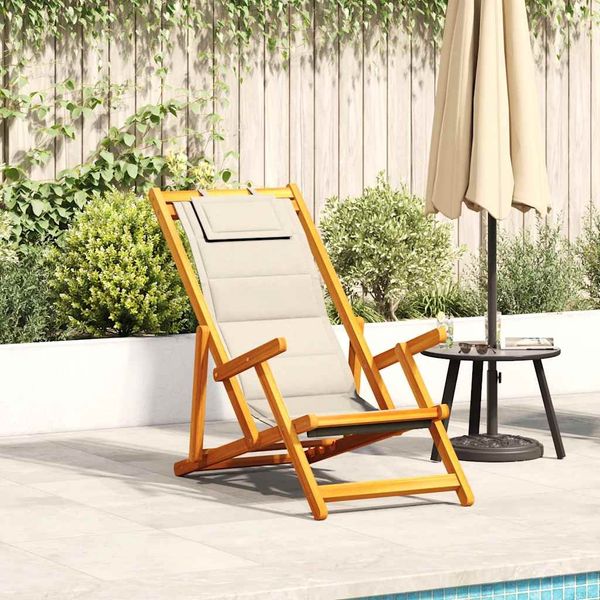 vidaXL Strandstuhl mit Armlehnen Klappbar Creme Akazienholz Textilene 4108067