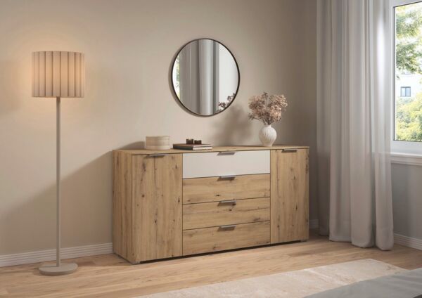 rauch Kombikommode Sideboard Türkommode Schubladenkommode Kommode ASTANA (Breite 160 cm / Höhe 81 cm, mit 4 Einlegeböden), 2-türig, 4 geräumige Schubladen, Kantengriff Alufarben MADE IN GERMANY