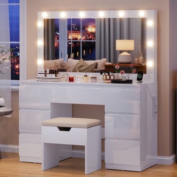 HOMALL Schminktisch Großer Schminktisch, Maße 115/120 x 40 x 140 cm, mit Schmuckschrank (LED-Beleuchtung und Steckdosen, 105 cm großer Spiegel, mit 7 Schubladen, optional mit Hocker – ostern geschenke)