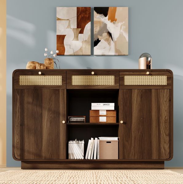 Nussbaum Sideboard 120x85x40 cm Mit Rattan Design 3 Schubladen Und 2 Türen Retro Kommode Mit Kippsicherung Für Wohnzimmer Aufbewahrungsschrank