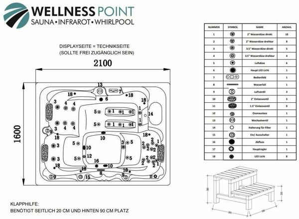 PureHaven American Outdoor-Whirlpool 210x160 cm für 3 Personen mit 33 Massagedüsen Heizung LEDs Thermoabdeckung Farbe Sterling Silber/Grau Bild 14