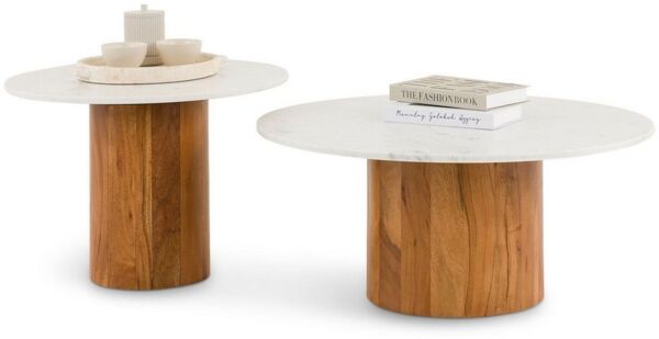 IDIMEX Couchtisch GANGA/YAMUNA, Wohnzimmertisch 80 cm mit Marmorplatte aus Akazienholz Weiß/Natur