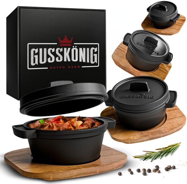 4er Mini Dutch Oven Set aus Gusseisen – mit Holzuntersetzern & Rezeptbuch, 300 ml Portionsgröße, für Grill, Backofen & Herd