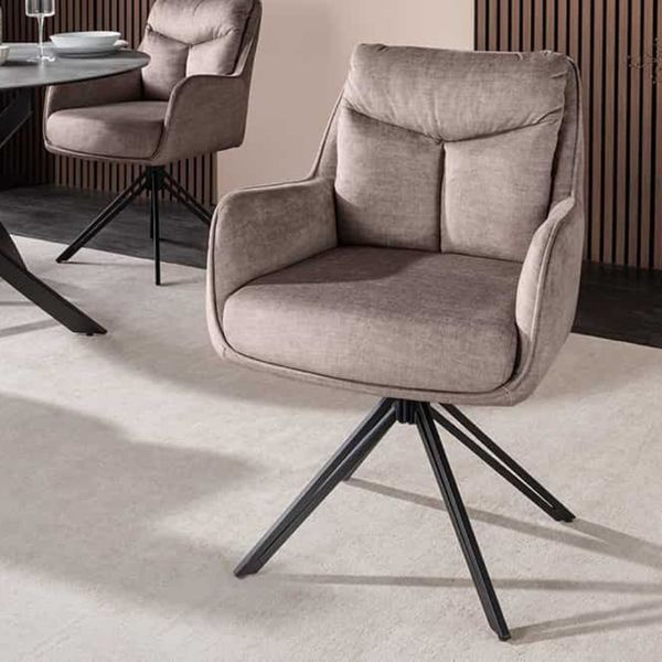 Drehbarer Stuhl ATHENA taupe Samt Armlehnen Esszimmer Taschenfederkern Metall
