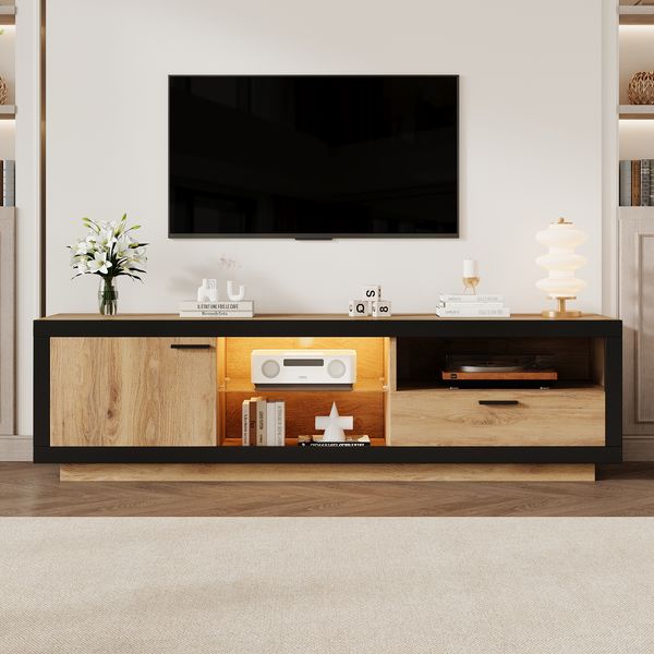 TV-Schrank mit LED-Beleuchtung, Glasablagen & Stauraum, 160x40x50 cm, schwarz/eiche