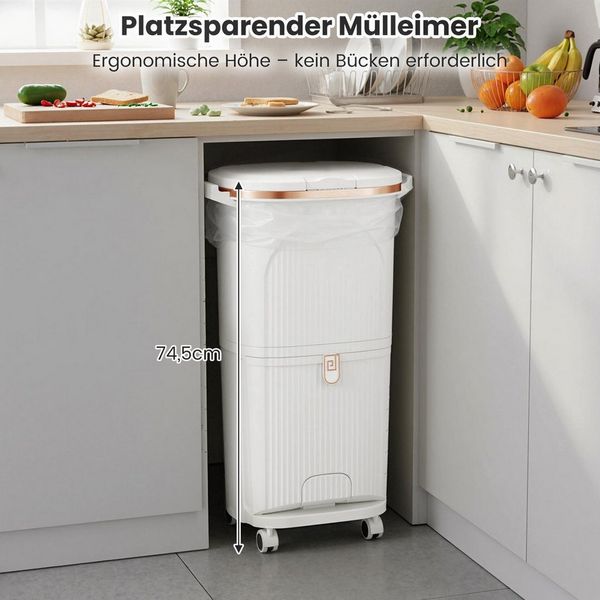COSTWAY Mülleimer, Küche 3 Fächer Mülltrennsystem mit Rollen Tretmülleimer 38L