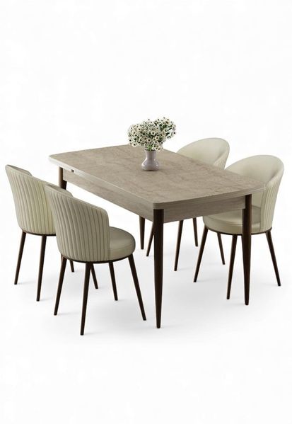 Ausziehbarer Esstisch mit Stühlen (5-teilig), Travertin & Creme, 130–174 cm | 100% MDF, Metallbeine, modernes skandinavisches Design