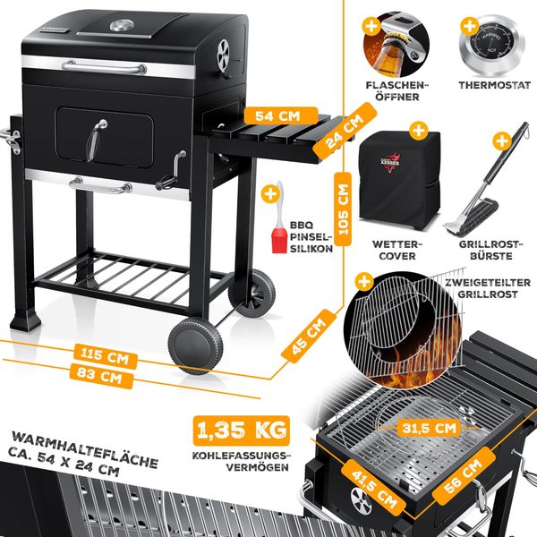 KESSER® Holzkohlegrill mit Deckel, Stahl schwarz, 150 x 76,5 x 83 cm Bild 7