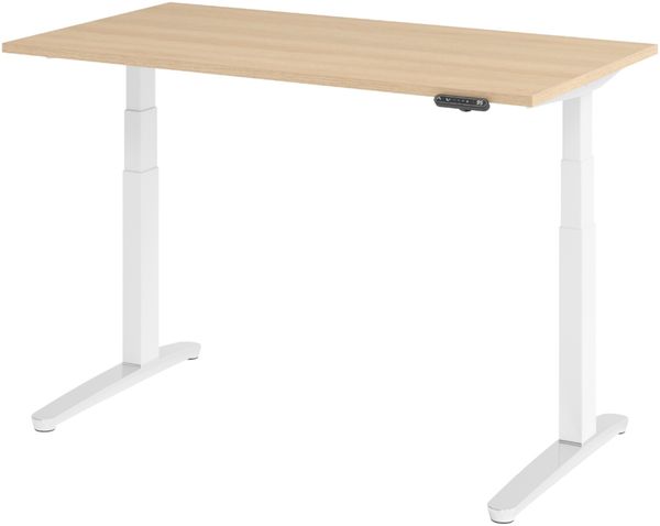 bümö elektrisch höhenverstellbarer Schreibtisch 140x80 cm in Eiche, Gestell in weiß/alu - Designer Bürotisch mit Memoryfunktion, elektrischer Stehschreibtisch höhenverstellbar, XBHM14-E-WC