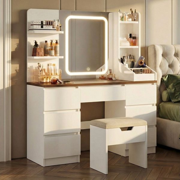 HOMALL Schminktisch Schminktisch Spiegel und LED Mit 7 Schubladen 8 Ablagefächern (GroBe: 110*40*139 cm Einstellbare drei Farbtemperaturen, um thr perfektes Make-up zu prasentieren)
