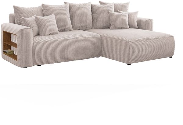 MEBLINI Schlafcouch mit Bettkasten - 260 x 160 x 78 cm - Creme Cordstoff - NAPLES - Kleines Ecksofa mit Schlaffunktion - Sofa mit Relaxfunktion und Kissen - Kleine Couch L-Form - Eckcouch