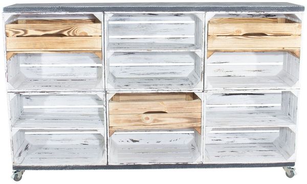 Kistenkolli Altes Land Allzweckkiste Kommode/ Raumtrenner aus 6 shabby weißen Kisten mit 3 geflammten Schub (Spar-Set)