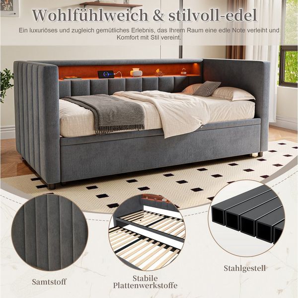 i@home Schlafsofa mit Stauraum, USB-C, LED-Beleuchtung & Samtbezug, Ausziehbett 90x190 cm, Grau