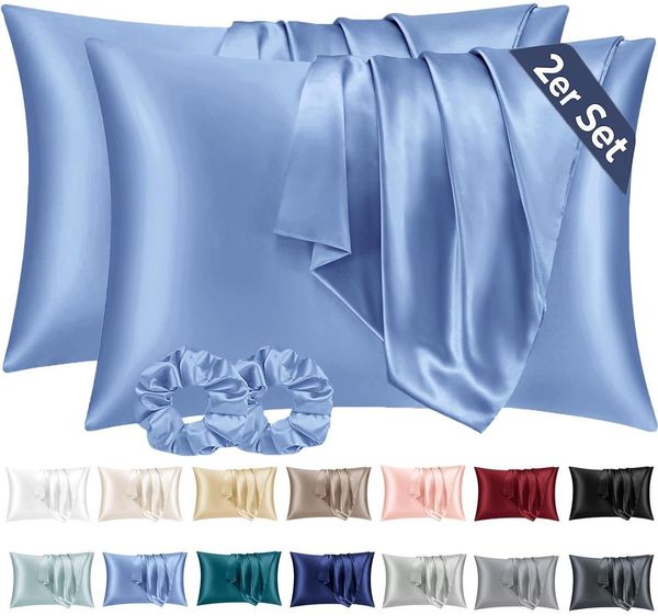 Satin Kissenbezug 50x80 Blau 2er Set mit Haargummis - Bessere Haut- & Haarpflege