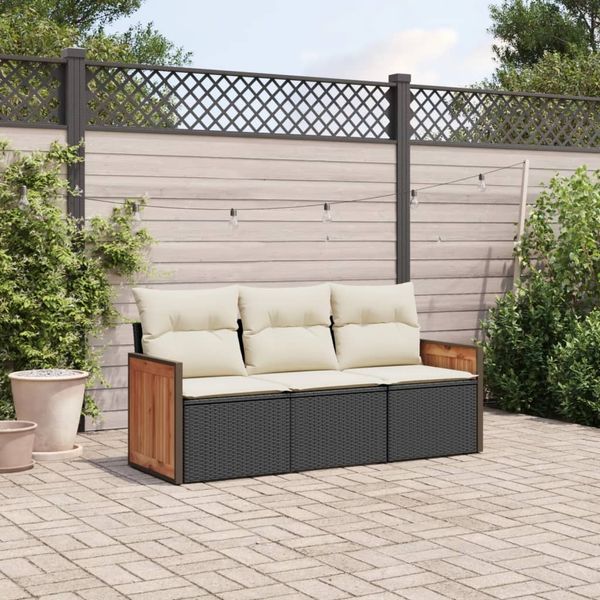 vidaXL 3-tlg. Garten-Sofagarnitur mit Kissen Schwarz Poly Rattan 3227435