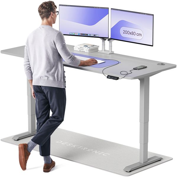 Desktronic HomePro Elektrisch höhenverstellbarer Schreibtisch 200x80cm Grau/Grau mit Memory-Funktion, Anti-Kollisions Technologie, USB-A und USB-C-Ladeanschlüssen