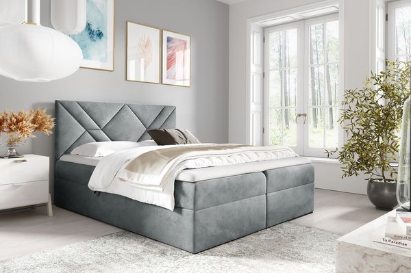 MEBLINI Boxspringbett BOTTEGA 200x200 cm mit Bettkasten – H4/Hellgrau Samt Polsterbett - Gepolstert Doppelbett mit Matratze und Topper - Polsterbett mit Stauraum - Bett mit Kopfteil – Stauraumbett