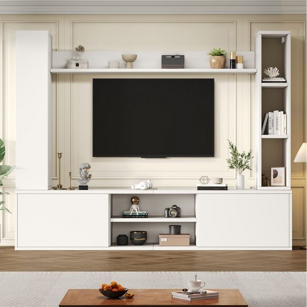 HAUSS SPOLE Wohnzimmer-Set mit Vitrinen,Wohnwand-set Wohnzimmer-Set mit Wandregal&TV-Schrank, (Wohnzimmermöbel-Set, 4-St, TV-Board, Standregal und Wandregal), stehend oder hängend,TV bis 80 Zoll