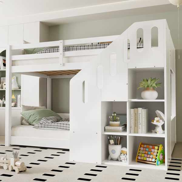 Etagenbett 90×200 cm mit Rausfallschutz und Stauraumtreppe, Weiß, ohne Matratze