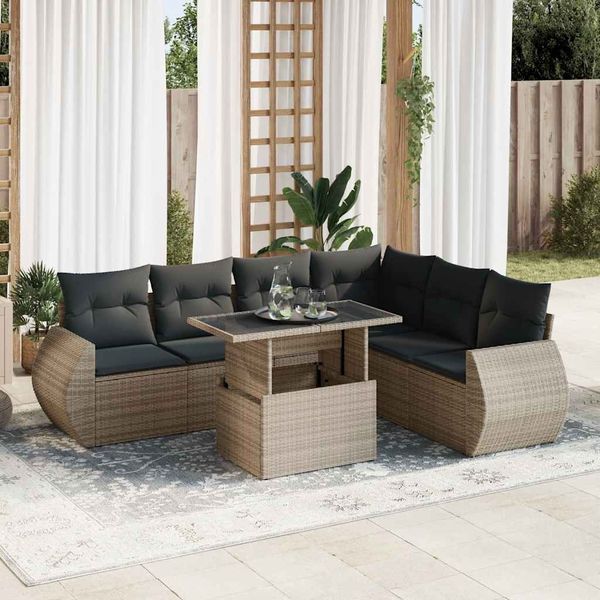 vidaXL 7-tlg. Garten-Sofagarnitur mit Kissen Grau Poly Rattan 3326651