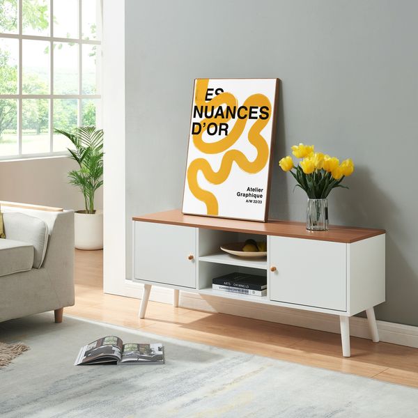 Fernsehschrank Reyljand mit 2 Türen 120x35x50 cm Weiß/Teakoptik [en. casa]