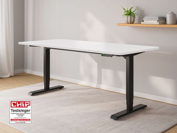 Ergotopia Desktopia Pro X I Elektrisch höhenverstellbarer Schreibtisch I 180x80 cm | Weiß Dekor rund I Gestell Schwarz I Inkl. Ziele- und