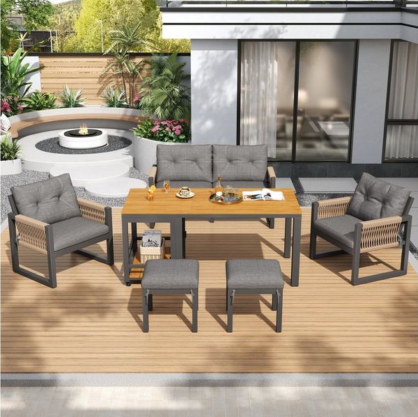 Flieks Gartenlounge-Set, 6-Sitzer Outdoor Gartenmöbel Sitzgruppe mit abnehmbarem Tisch