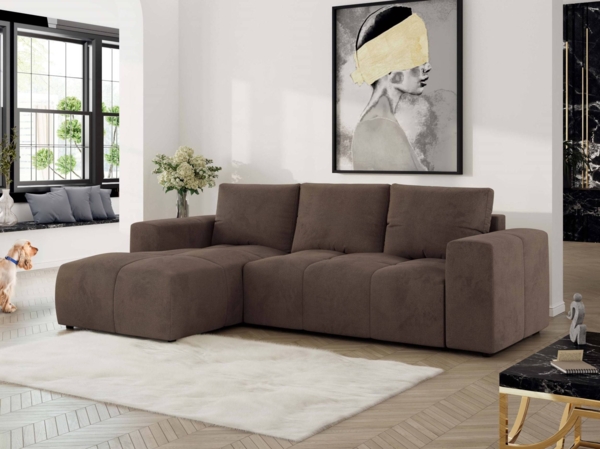 Ecksofa mit Schlaffunktion und Bettkasten, L-form Couch, lose Kissen, Polstersofa - MONIVA - Braun Velours - linke Seite