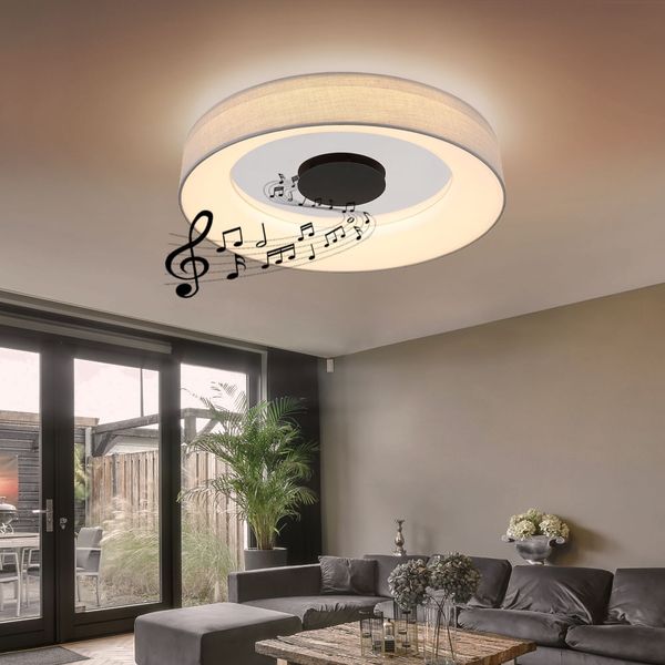 LED Deckenleuchte, Dimmbar, Lautsprecher, Textil, D 46,8 cm