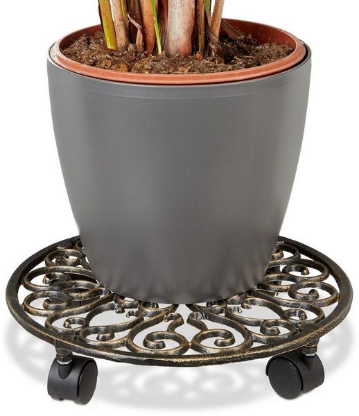 relaxdays Blumentopfuntersetzer 5 x Pflanzenroller Gusseisen rund