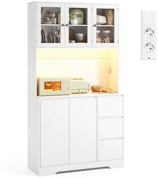 Bealife Buffet Küchenschrank mit Arbeitsplatte und 3 Schubladen (Mit LED-Licht (farblich einstellbar) & Steckdose)