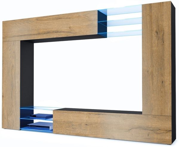 Vladon Wohnwand Mirage, Anbauwand mit Rückwand mit 2 Türen, 2 Klappen und 6 offenen Glasablagen, Schwarz matt/Eiche Natur, inkl. LED-Beleuchtung (262 x 183 x 39 cm)