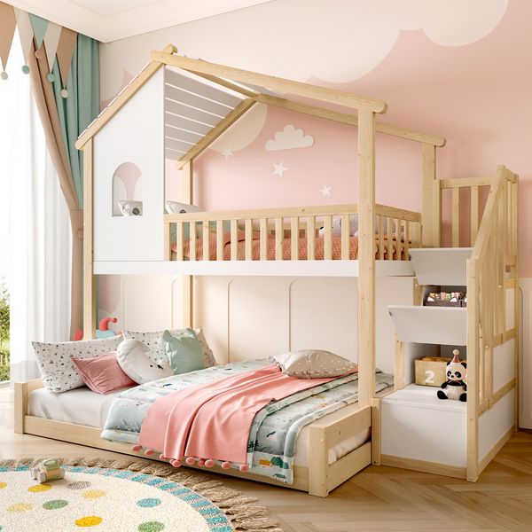 Etagenbett 90x200 cm + 140x200 cm aus Kiefernholz, mit Rausfallschutz, Stauraumtreppe und Hausdesign in Natur/Weiß