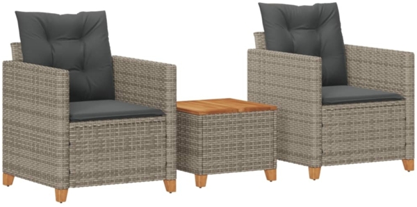 vidaXL 3-tlg. Bistro-Set mit Kissen Grau Poly Rattan Akazienholz 366310