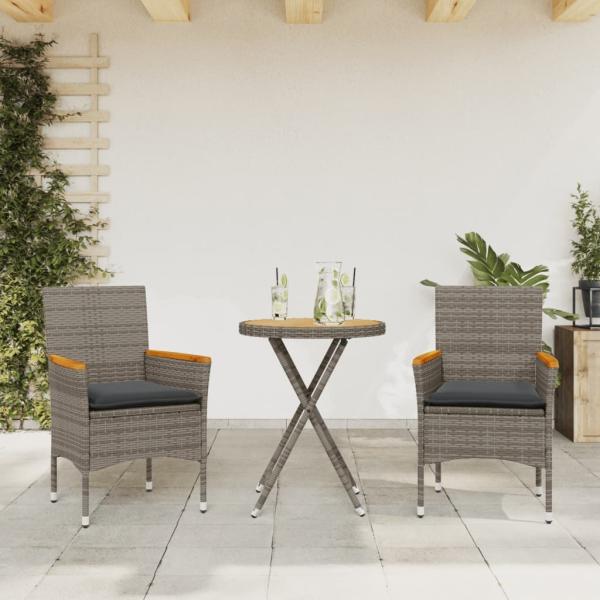 vidaXL 3-tlg. Bistro-Set mit Kissen Grau Poly Rattan & Akazienholz 3278754