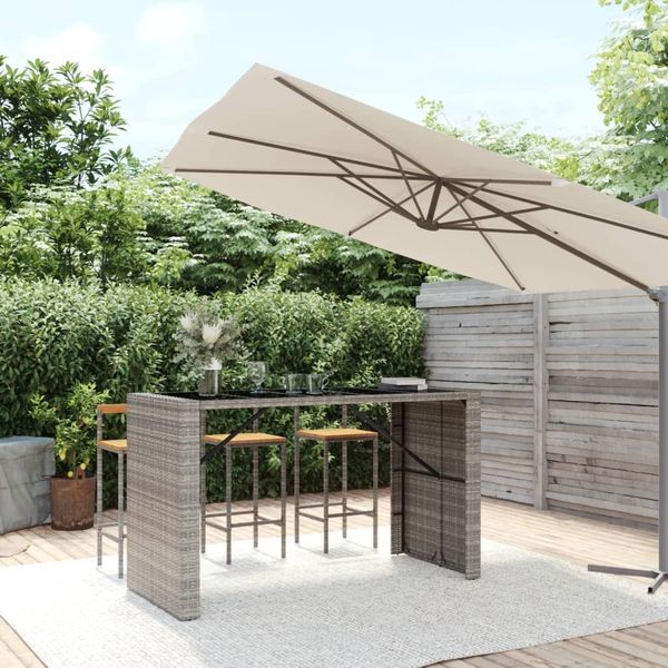 Bartisch, Gartentisch, Küchentisch mit Glasplatte Grau 185 x 80 x 110 cm Poly Rattan