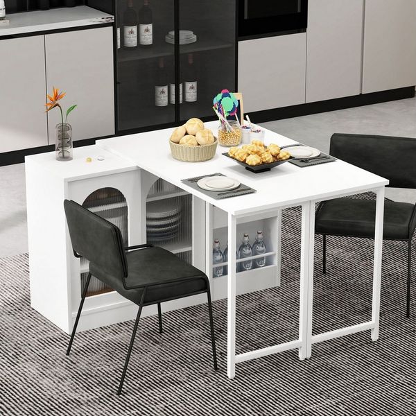 Flieks Sideboard mit 360° drehbar Tisch und verstellbarer Einlegeböden 2-in-1 (2 St, klappbare Tischplatte T40-80 cm), erweiterbarer Esstisch & Mehrzweckschrank mit Glasschiebetüren Weiß