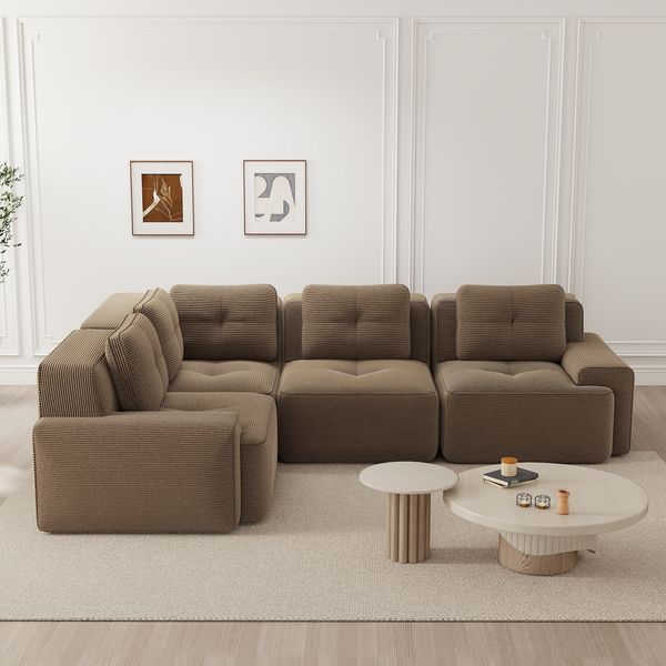 Ecksofa Braun aus Cord, modular, tief und weich gepolstert, rutschfest, ohne klassischen Aufbau,69x382x104 cm