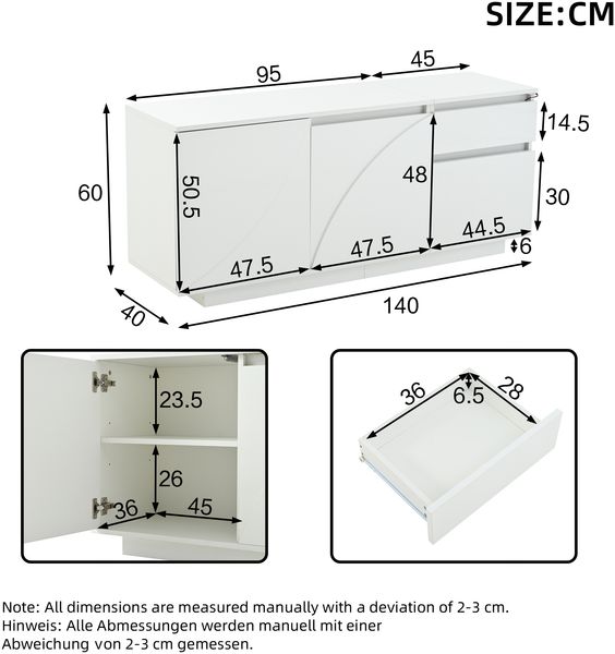 Sideboard B 140 x T 40 x H 60 cm aus MDF in Weiß, Hochglanz-Fronten, LED & verstellbare Einlegeböden Bild 4
