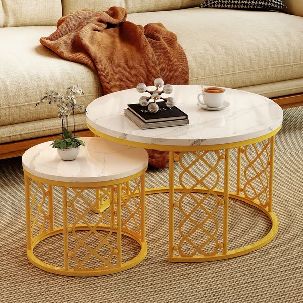Couchtisch-Set 2-tlg, B 70/45 x T 70/45 x H 45/37 cm, nestbar, MDF in Marmoroptik, Metallgestell