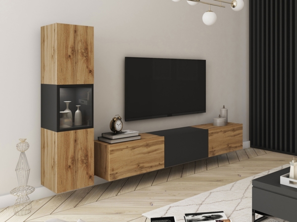 Wohnwand Bentlor I (Farbe: Wotan Eiche / Wotan Eiche + Schwarzer Graphit, mit weißer LED Beleuchtung)