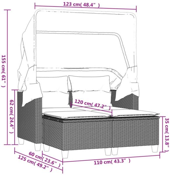 vidaXL Gartensofa 2-Sitzer mit Dach und Hockern Braun Poly Rattan 365782 Bild 5