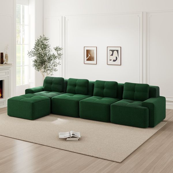 4-Sitzer modulares Sofa H 69 x T 382 x B 177 cm aus Cord in Grün mit Chaiselongue, Tiefsitz 74 cm, montagefrei