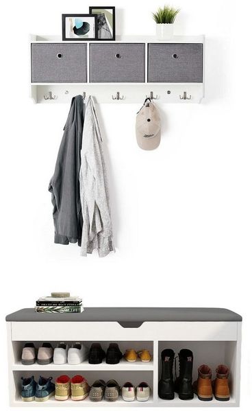 Mondeer Garderoben-Set (2-St), Garderobe mit Schuhbank, mit Stoff-Schublade und 5 Haken, mit Sitzfläche, Weiß