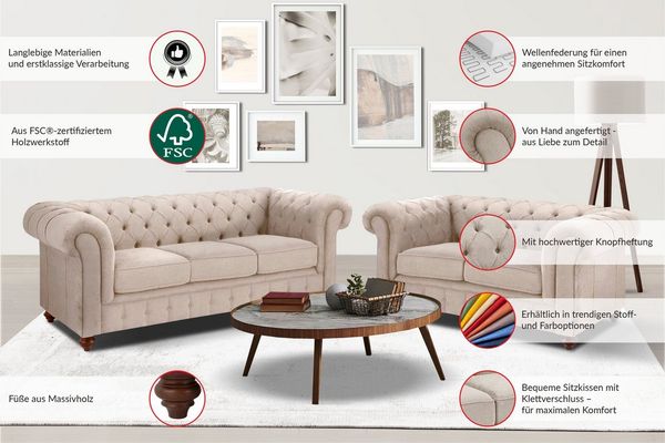 Home affaire Chesterfield-Sofa Chesterfield 3-Sitzer B/T/H: 198/89/74 cm, mit hochwertiger Knopfheftung, auch in Leder