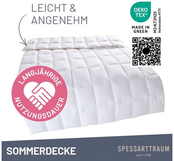 SPESSARTTRAUM Daunenbettdecke Exklusiv, Bettdecken für Sommer und Winter, Decke, Füllung: 100% Daunen, Klasse 1, Downpass zertifiziert, Bezug: 100% Baumwolle, nachhaltig (Made in Green), Hausstauballergiker geeignet, 5 Wärmeklassen & 8 Größen, Bestseller
